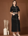 Black Solid Shirt collar Top With Skirt Co-Ords Set