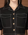 Black Solid Shirt collar Top With Skirt Co-Ords Set