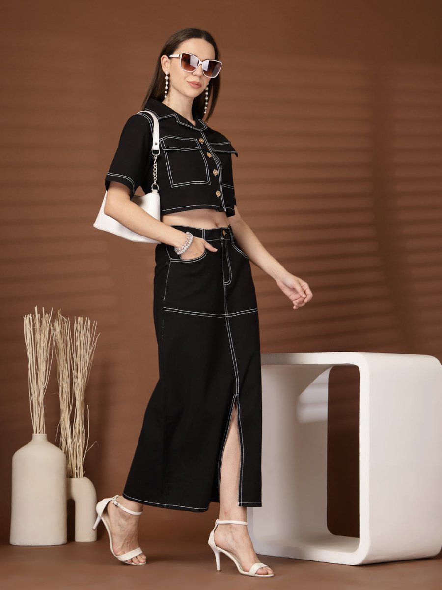 Black Solid Shirt collar Top With Skirt Co-Ords Set
