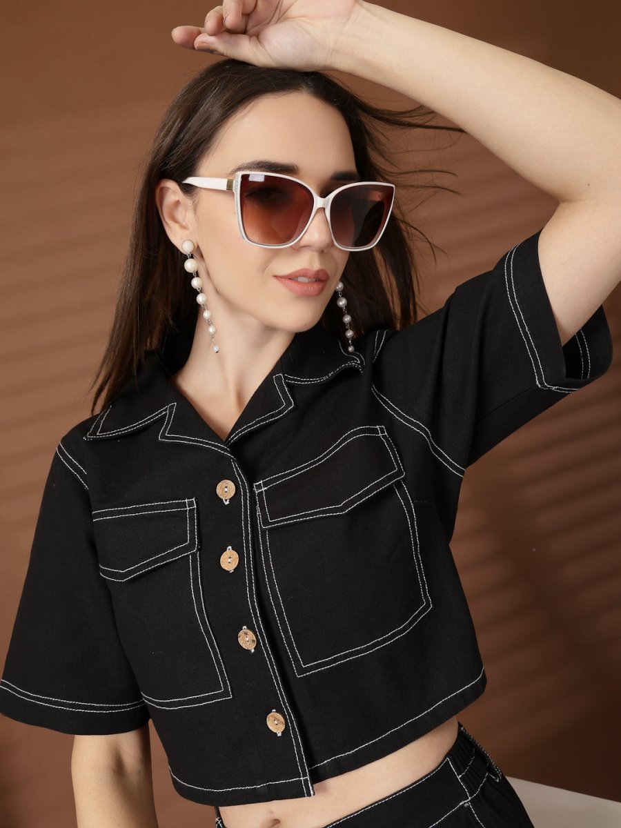 Black Solid Shirt collar Top With Skirt Co-Ords Set