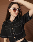 Black Solid Shirt collar Top With Skirt Co-Ords Set