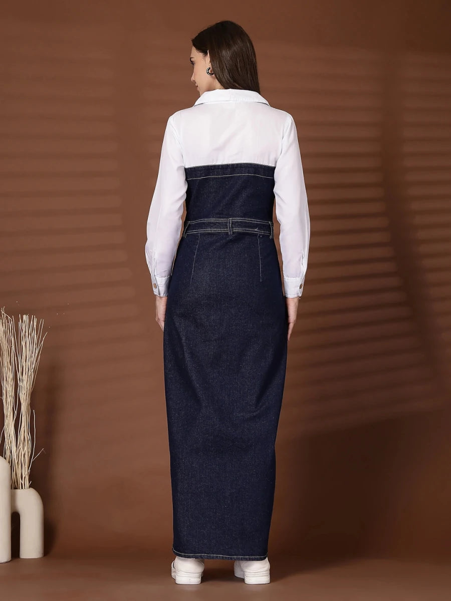 Blue Solid Shirt Collar Maxi Dress