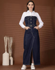 Blue Solid Shirt Collar Maxi Dress