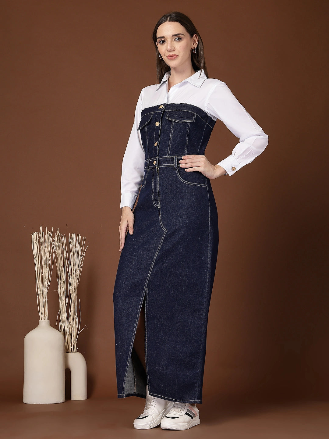 Blue Solid Shirt Collar Maxi Dress