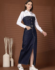 Blue Solid Shirt Collar Maxi Dress
