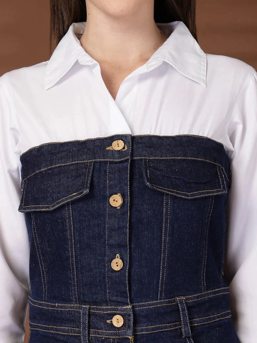 Blue Solid Shirt Collar Maxi Dress