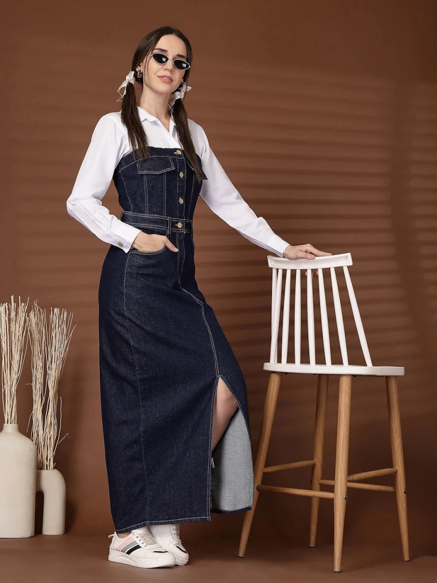 Blue Solid Shirt Collar Maxi Dress