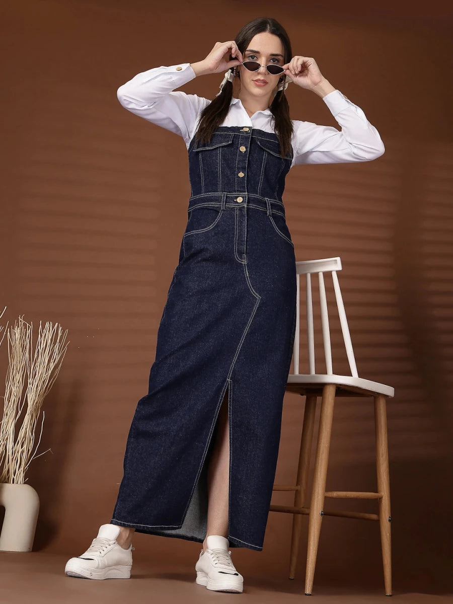 Blue Solid Shirt Collar Maxi Dress