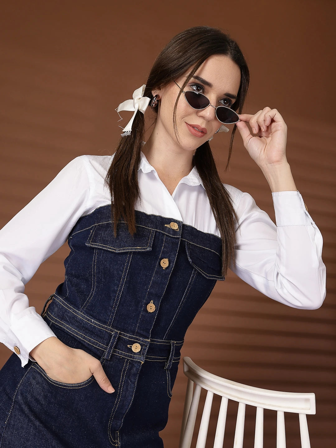 Blue Solid Shirt Collar Maxi Dress