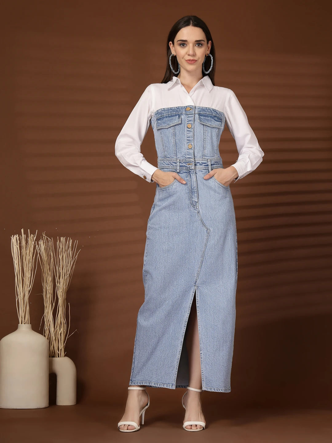 Solid Light Blue Shirt Collar Maxi Dress