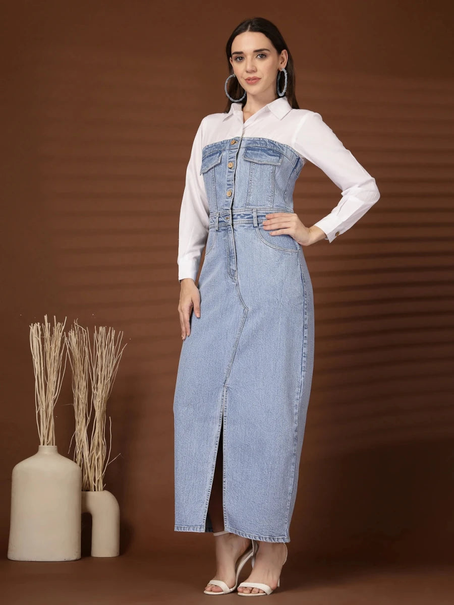 Solid Light Blue Shirt Collar Maxi Dress