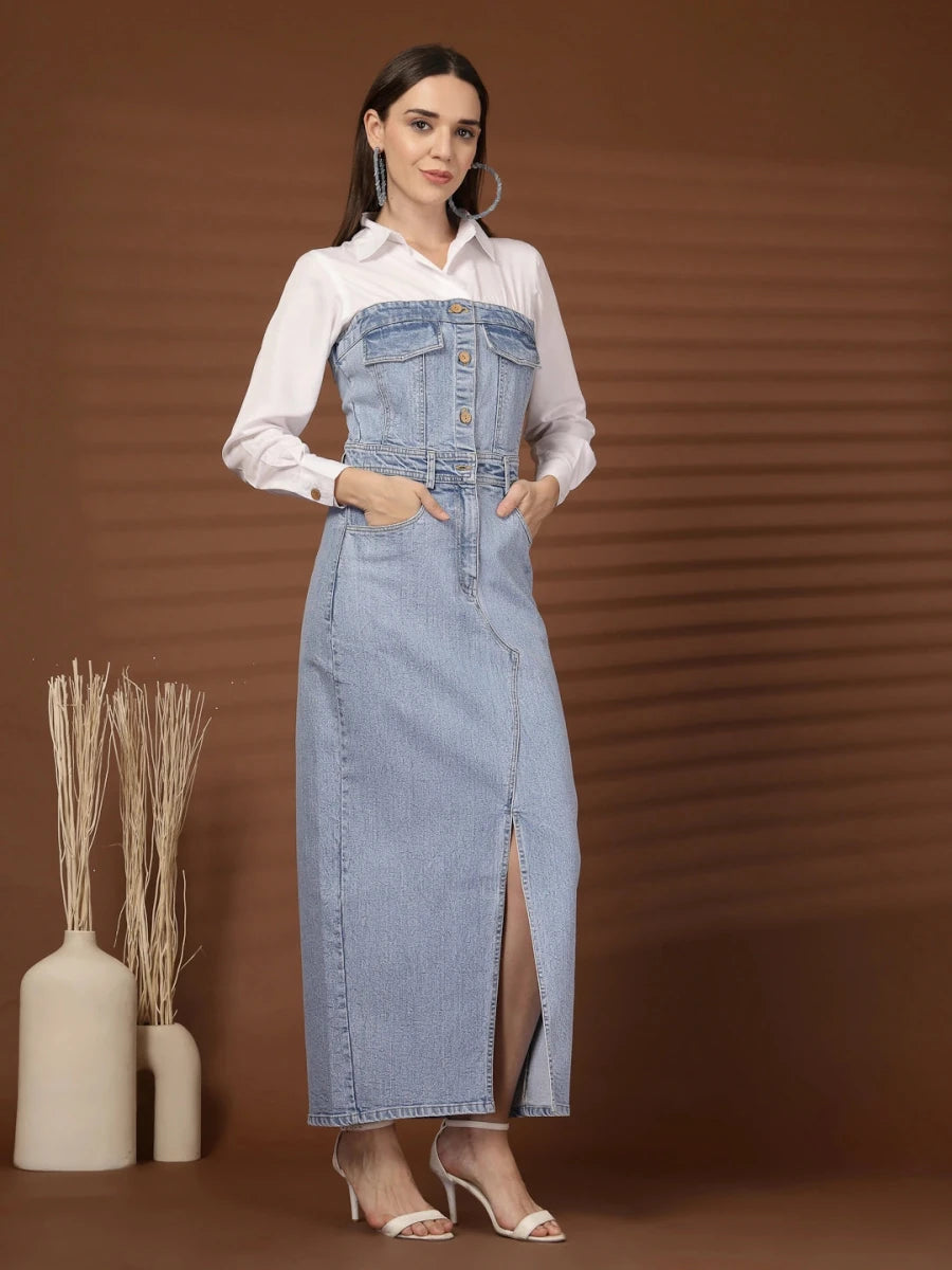 Solid Light Blue Shirt Collar Maxi Dress