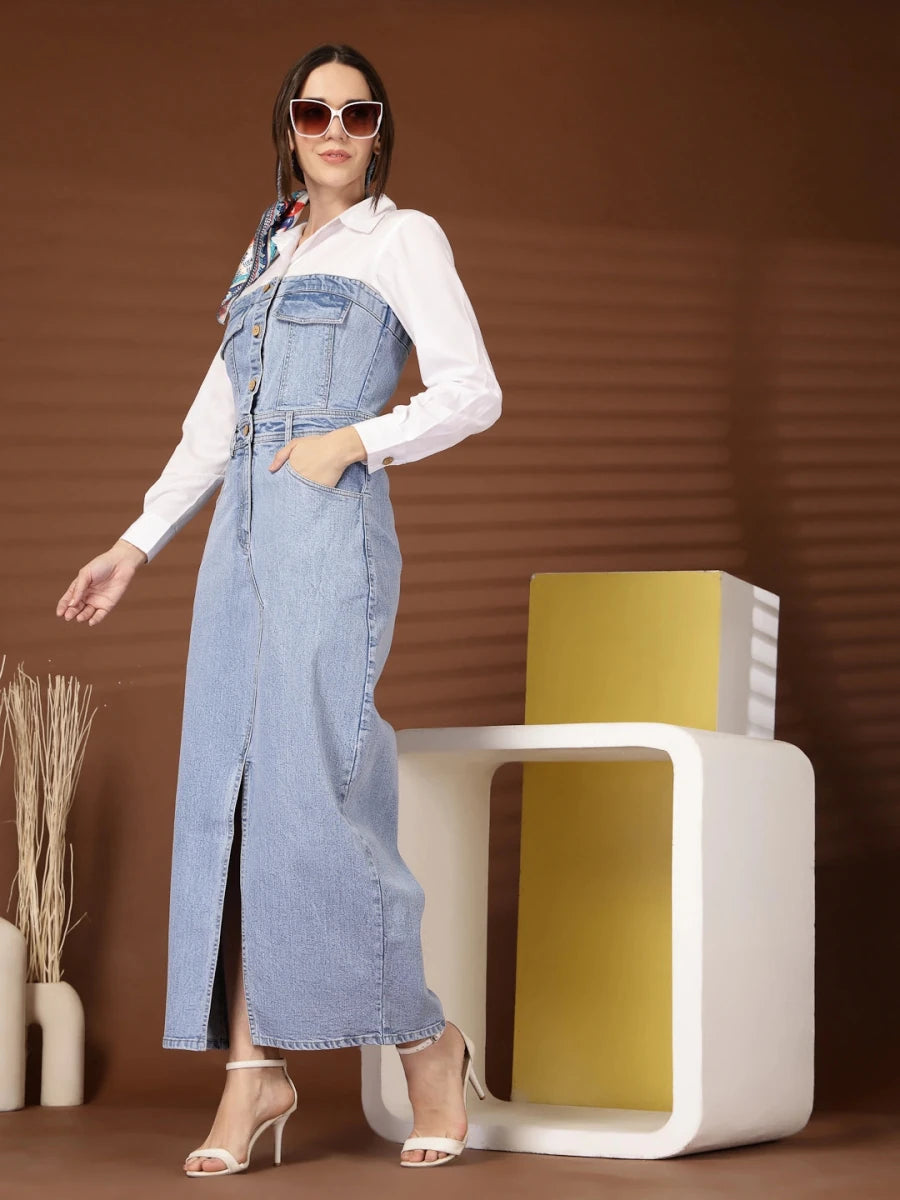 Solid Light Blue Shirt Collar Maxi Dress