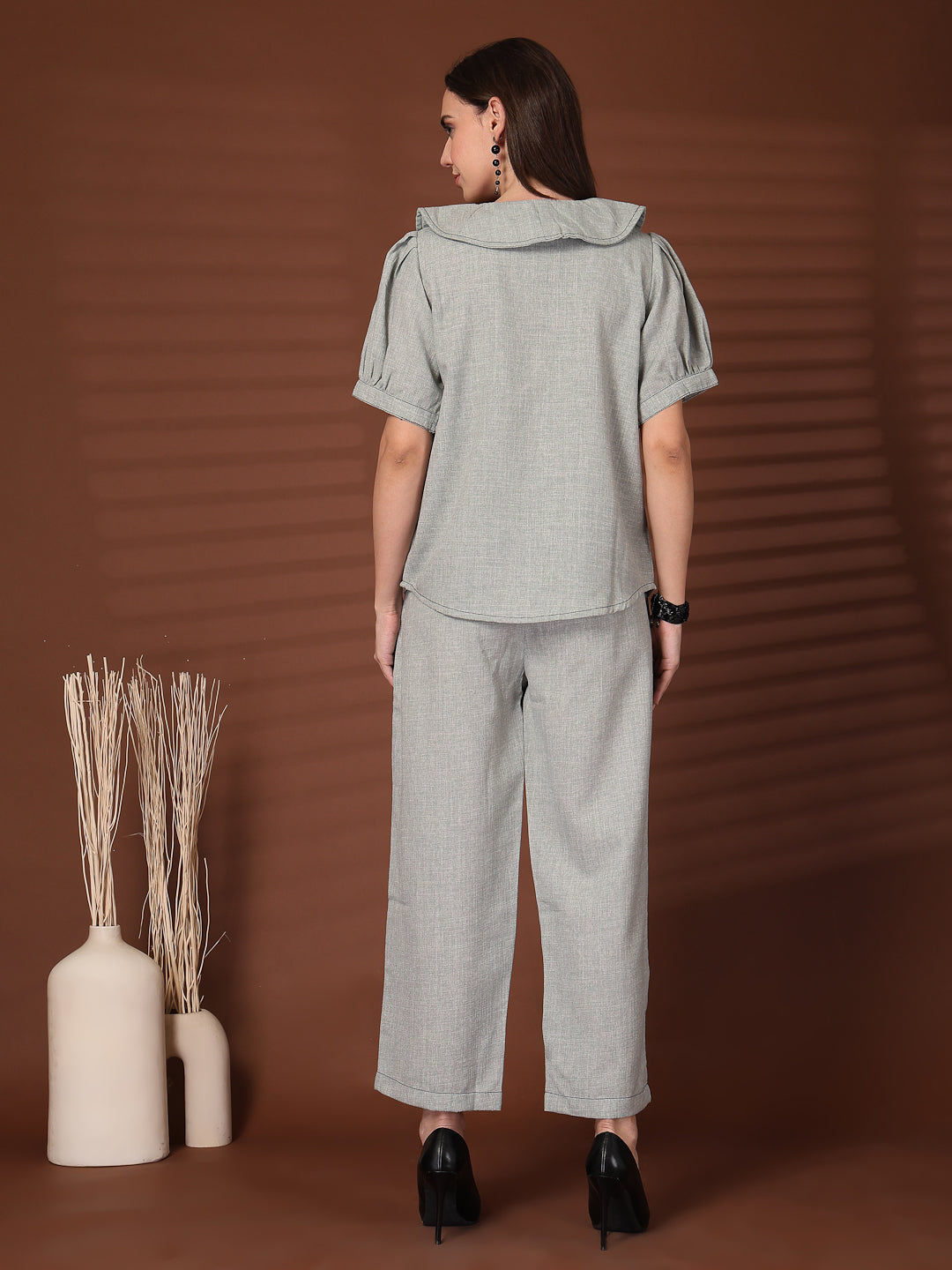 Grey Solid Round Neck Top With Trousers Co-Ords Set