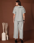 Grey Solid Round Neck Top With Trousers Co-Ords Set