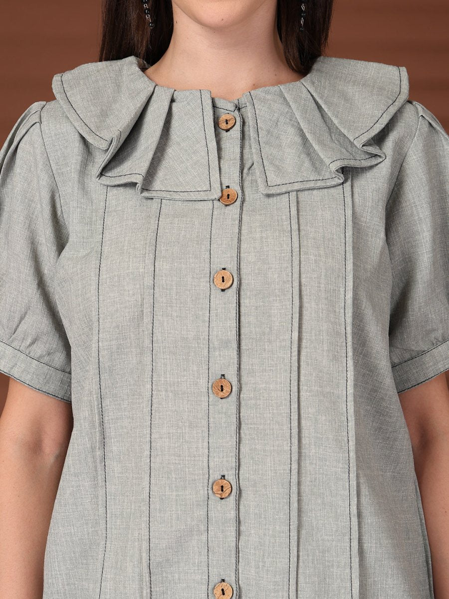 Grey Solid Round Neck Top With Trousers Co-Ords Set