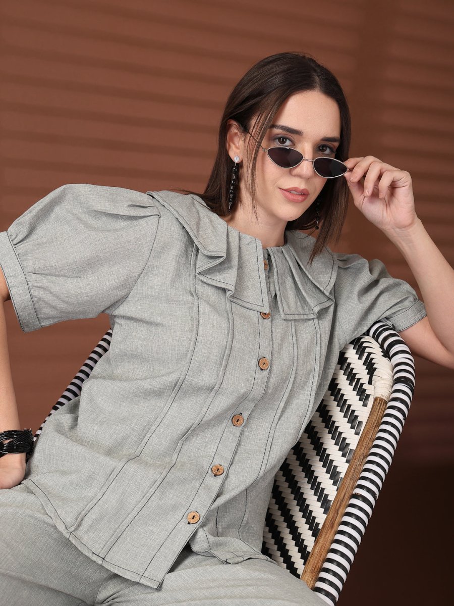 Grey Solid Round Neck Top With Trousers Co-Ords Set