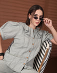 Grey Solid Round Neck Top With Trousers Co-Ords Set