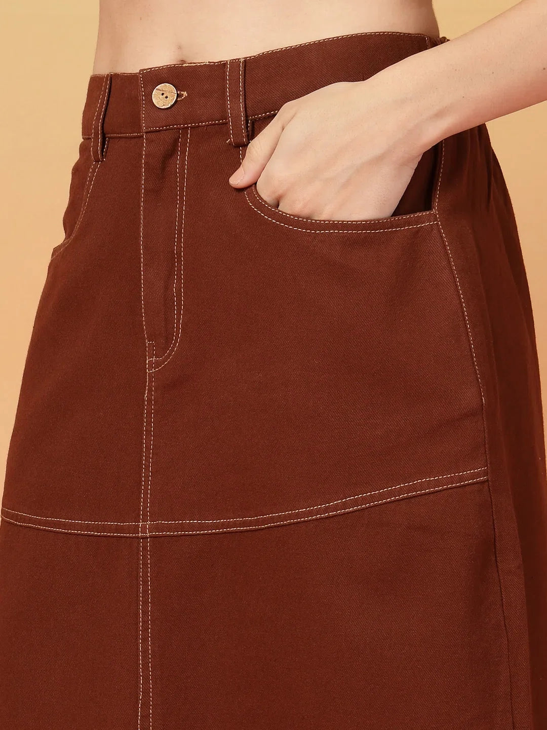 Brown Solid Shirt collar Top With Skirt Co-Ords Set