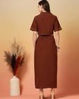 Brown Solid Shirt collar Top With Skirt Co-Ords Set