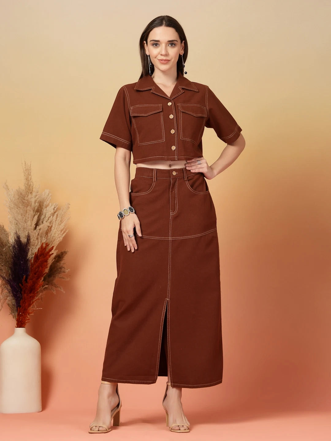 Brown Solid Shirt collar Top With Skirt Co-Ords Set