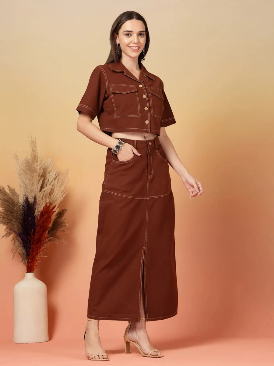 Brown Solid Shirt collar Top With Skirt Co-Ords Set