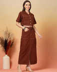 Brown Solid Shirt collar Top With Skirt Co-Ords Set