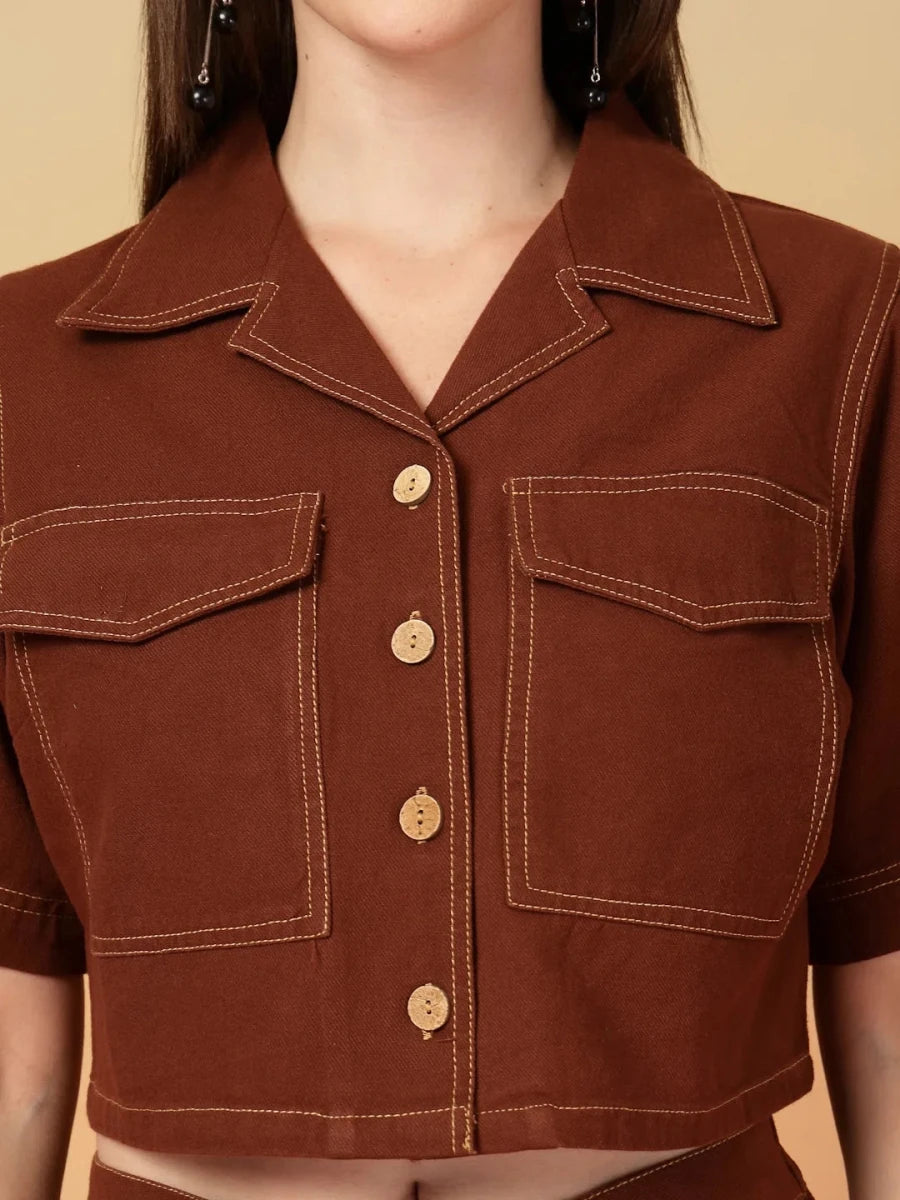 Brown Solid Shirt collar Top With Skirt Co-Ords Set