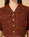 Brown Solid Shirt collar Top With Skirt Co-Ords Set