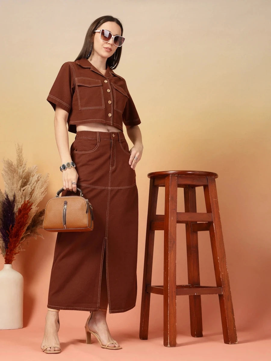 Brown Solid Shirt collar Top With Skirt Co-Ords Set