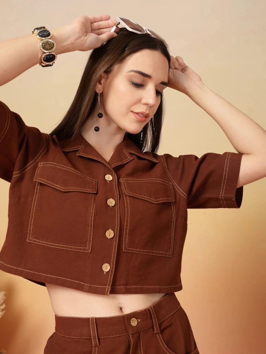 Brown Solid Shirt collar Top With Skirt Co-Ords Set