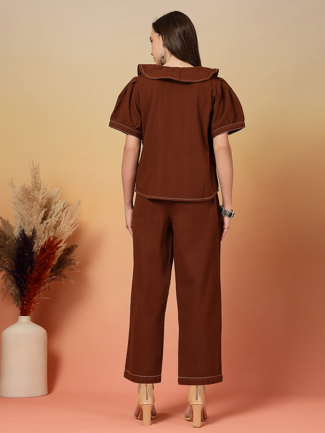 Solid Brown Round Neck Shirt With Trousers Co-Ords