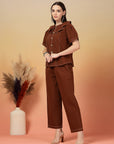 Solid Brown Round Neck Shirt With Trousers Co-Ords