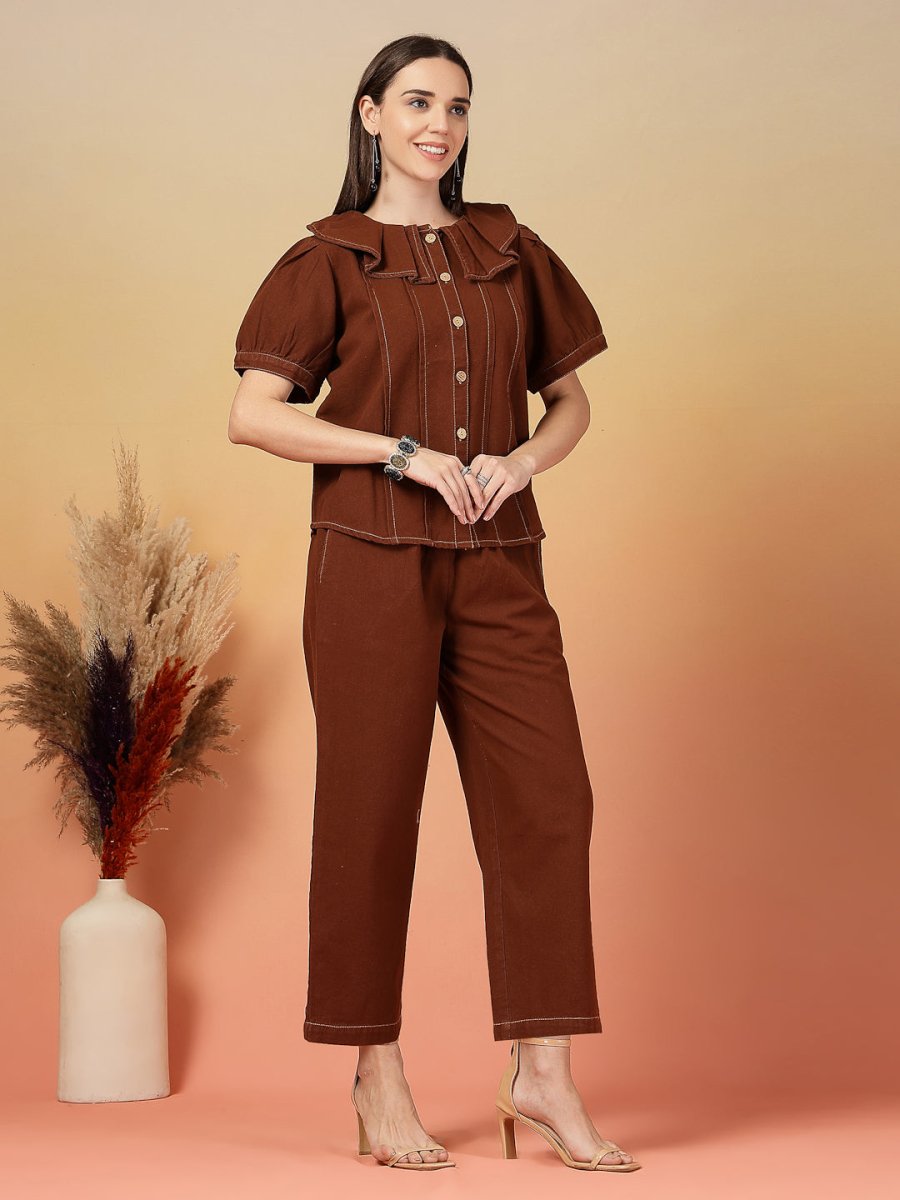 Solid Brown Round Neck Shirt With Trousers Co-Ords
