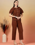 Solid Brown Round Neck Shirt With Trousers Co-Ords