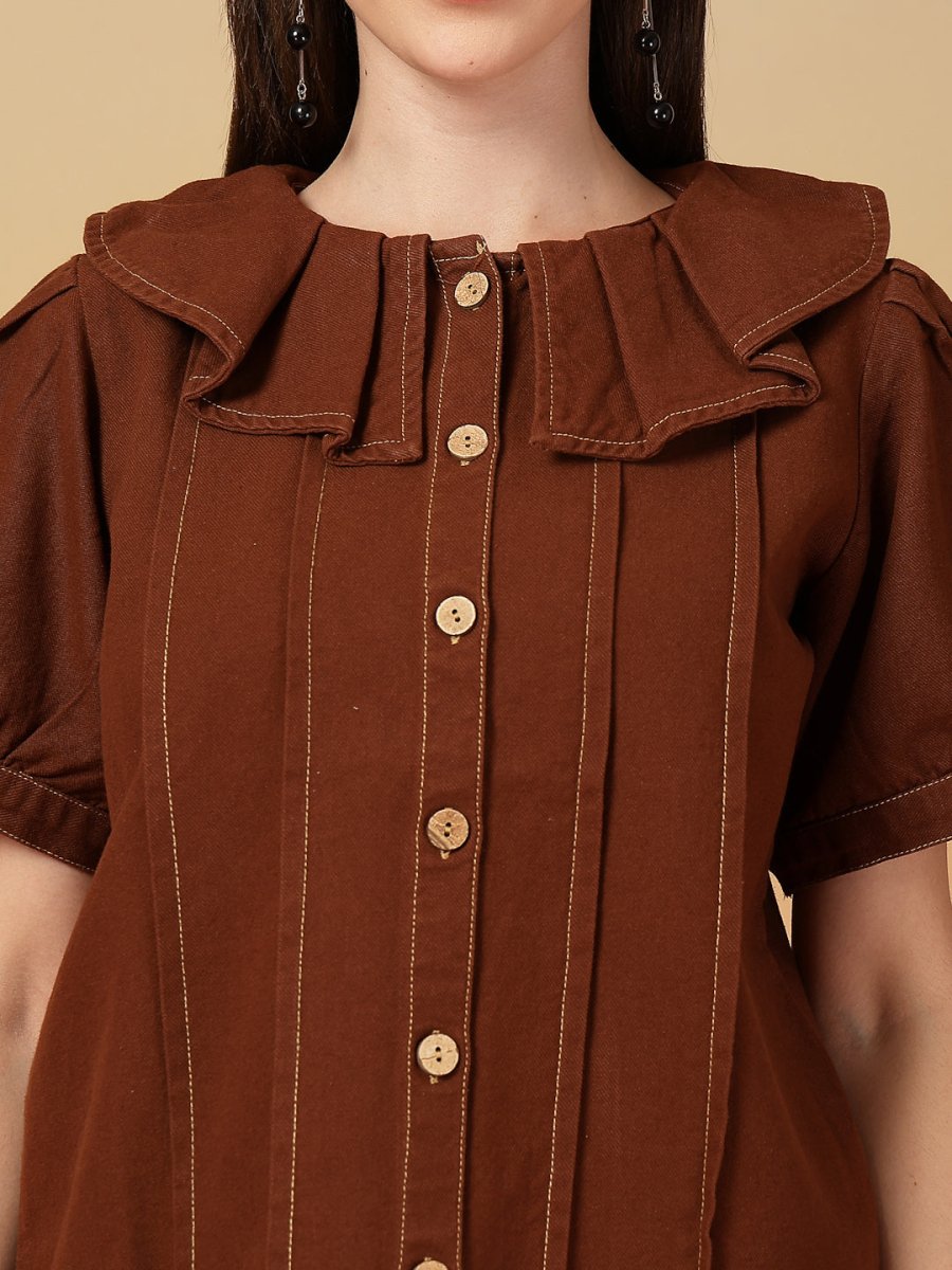 Solid Brown Round Neck Shirt With Trousers Co-Ords
