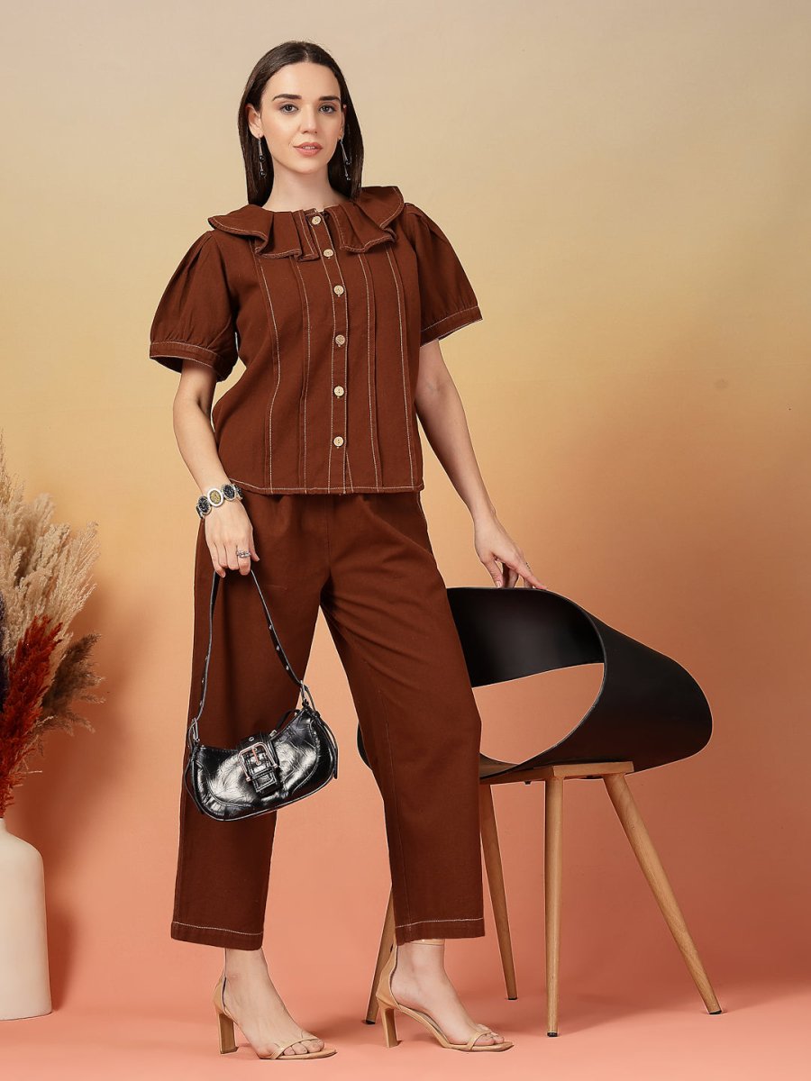 Solid Brown Round Neck Shirt With Trousers Co-Ords