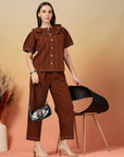 Solid Brown Round Neck Shirt With Trousers Co-Ords