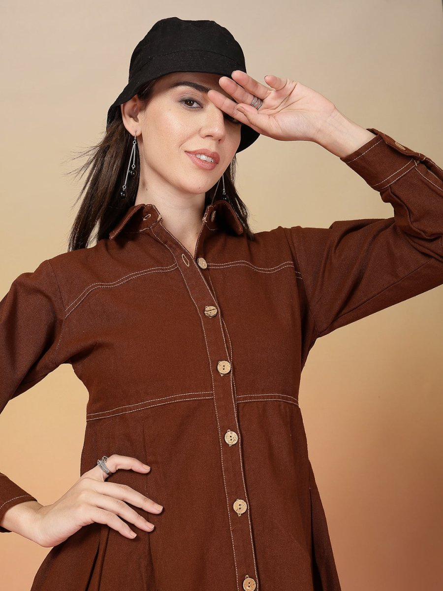 Solid Brown Shirt Collar Dress