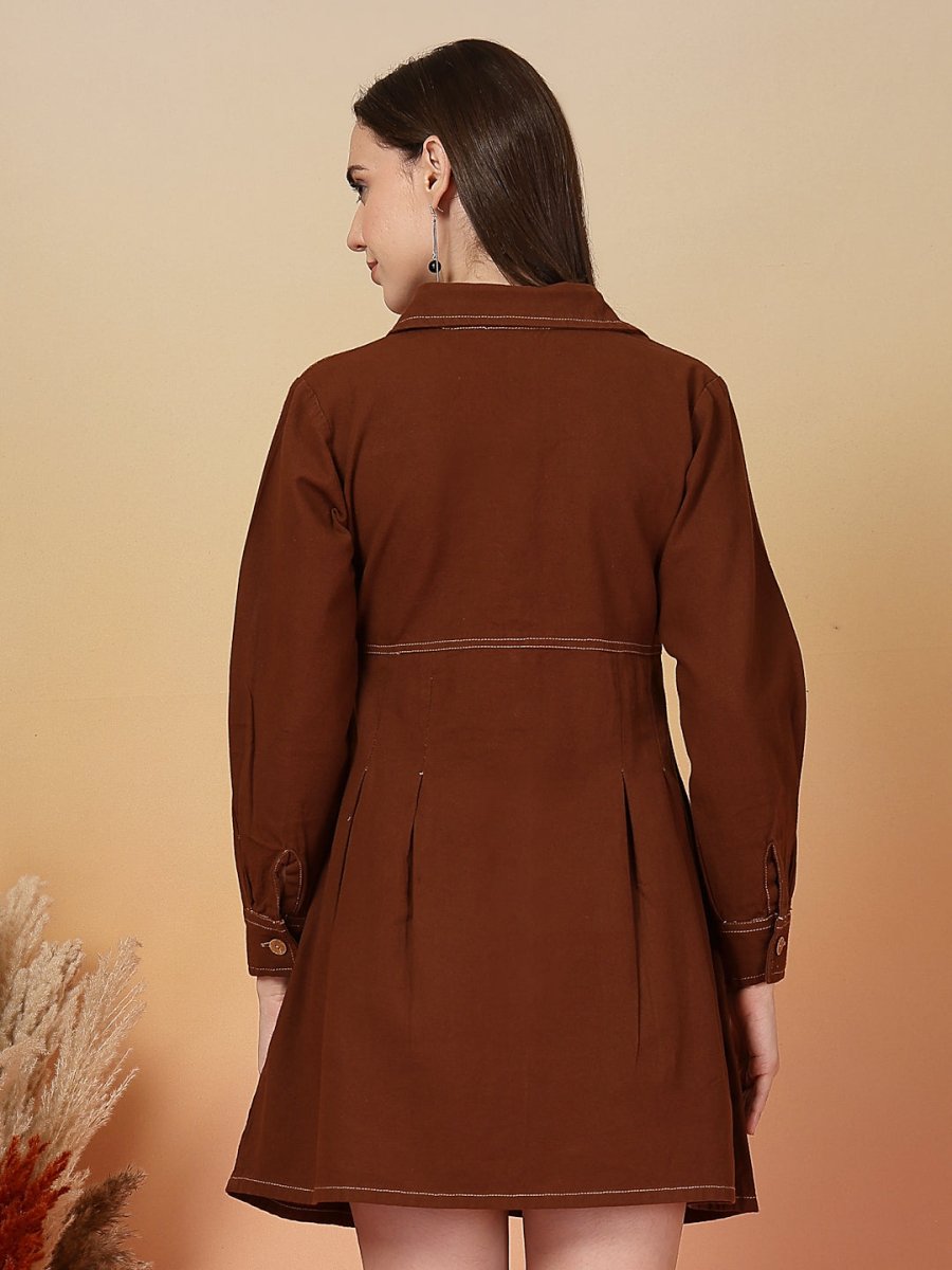 Solid Brown Shirt Collar Dress