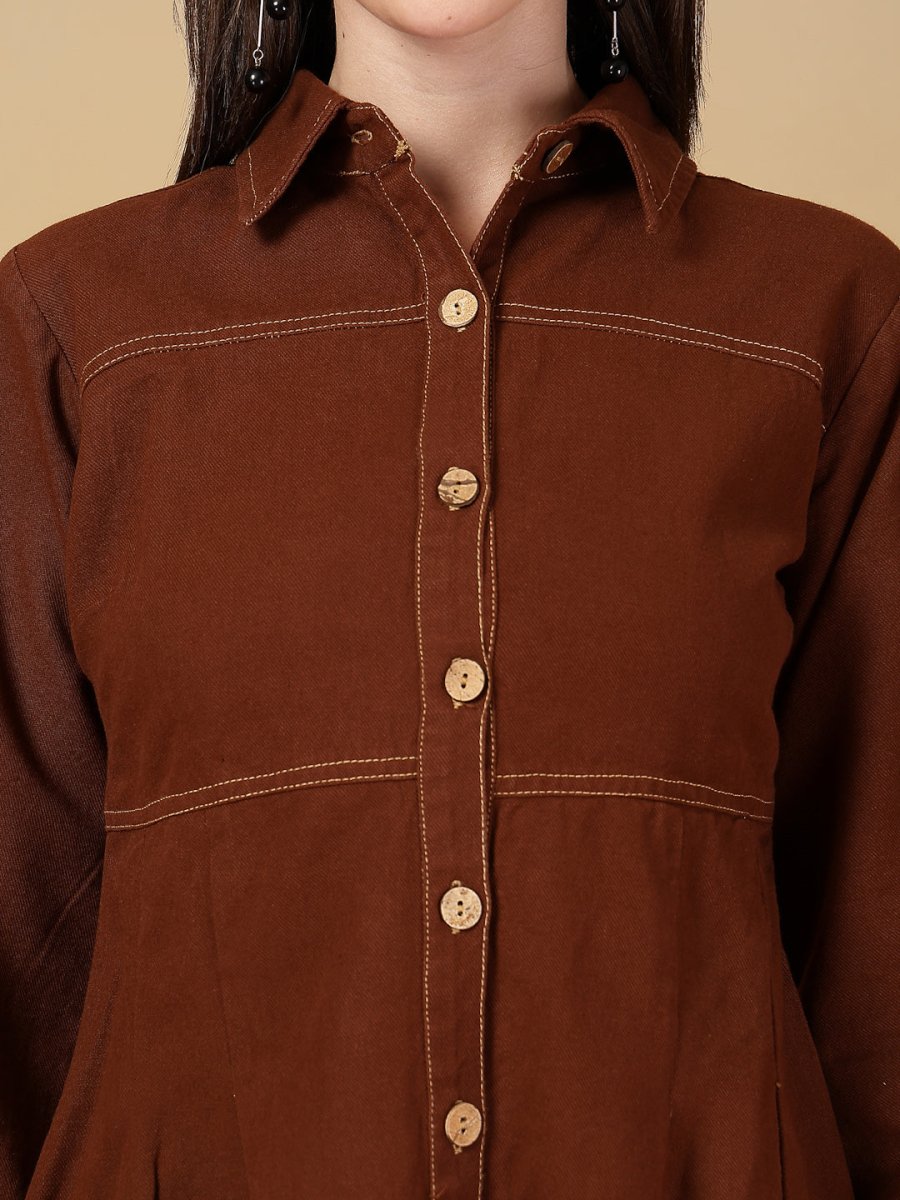 Solid Brown Shirt Collar Dress