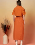 Orange Solid Shirt collar Top With Skirt Co-Ords Set