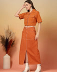 Orange Solid Shirt collar Top With Skirt Co-Ords Set