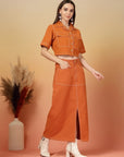 Orange Solid Shirt collar Top With Skirt Co-Ords Set