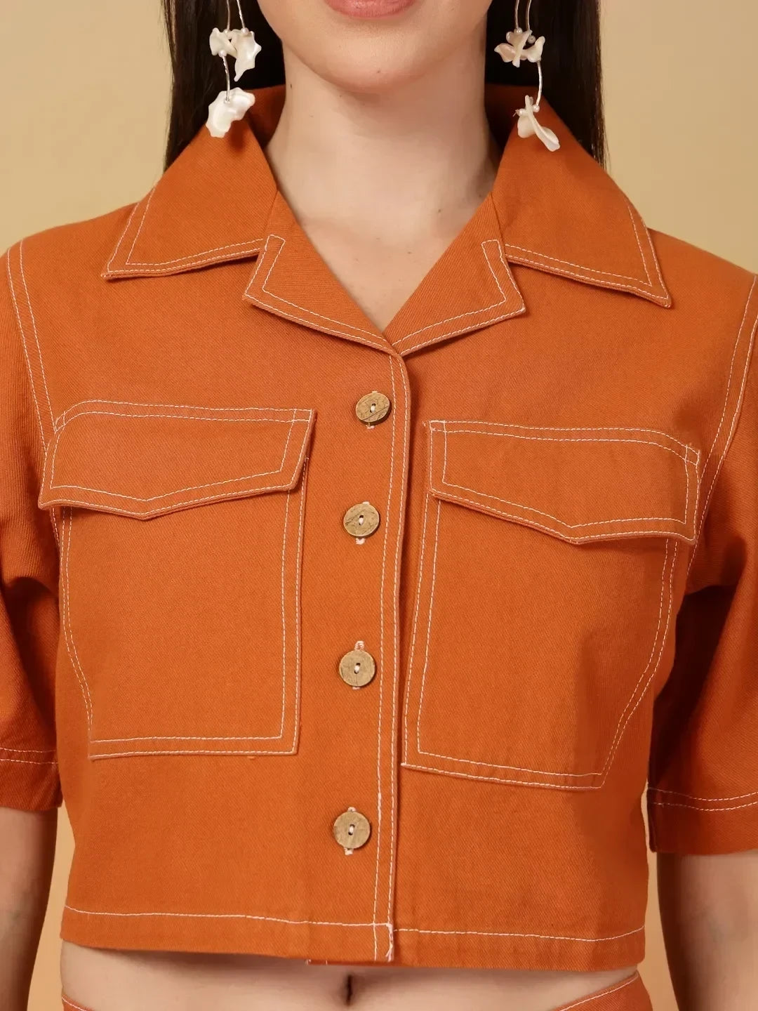 Orange Solid Shirt collar Top With Skirt Co-Ords Set