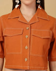 Orange Solid Shirt collar Top With Skirt Co-Ords Set