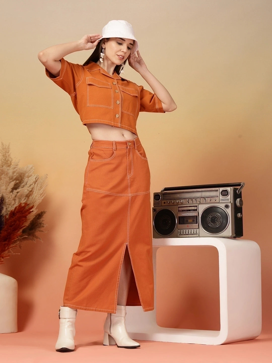 Orange Solid Shirt collar Top With Skirt Co-Ords Set