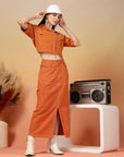 Orange Solid Shirt collar Top With Skirt Co-Ords Set