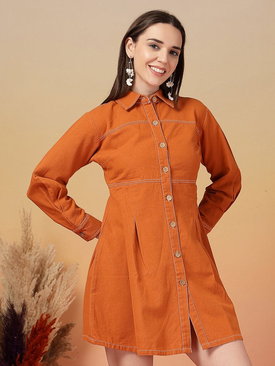 Solid Orange Shirt Collar Dress