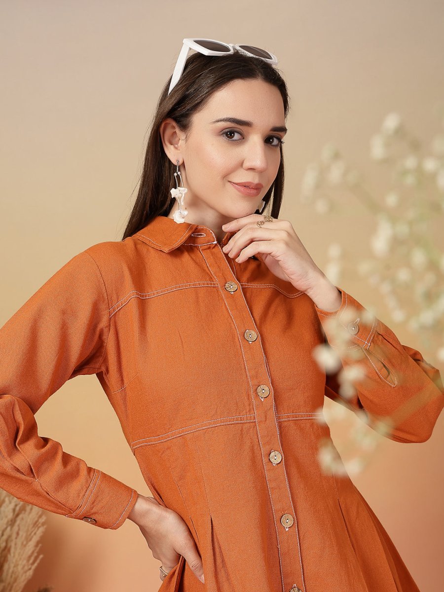 Solid Orange Shirt Collar Dress